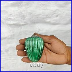 Antique Green Glass 3.25 German Ribbed Oval Egg Kugel Christmas Ornament 707