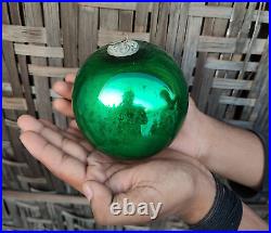Antique Green Glass 4.2 German Kugel Christmas Ornament 5 Leaves Brass Cap 278