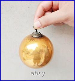 Antique Kugel 3.25 Golden Round Old Christmas Ornament Germany Rare Swirl Cap