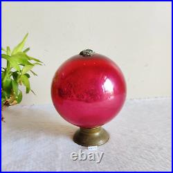 Antique Red Glass Heavy German Kugel Christmas Ornament 5 Leaves Brass KU51