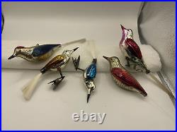 Antique Vintage Glass Christmas Ornaments Clip On Hook Birds Lot 5 Mercury Glass