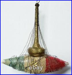 Antique Vtg Victorian PATRIOTIC SHIP Wire Wrapped Mercury Glass Dresden Ornament
