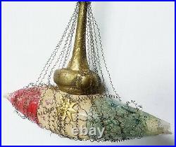 Antique Vtg Victorian PATRIOTIC SHIP Wire Wrapped Mercury Glass Dresden Ornament