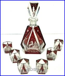 Art Deco Decanter 6 cordials Bohemian Czech ruby red Cut to Clear Christmas VTG