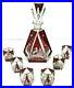 Art-Deco-Decanter-6-cordials-Bohemian-Czech-ruby-red-Cut-to-Clear-Christmas-VTG-01-oopb