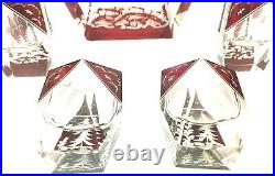 Art Deco Decanter 6 cordials Bohemian Czech ruby red Cut to Clear Christmas VTG