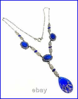 Art Deco cobalt blue Czech glass and enamel lavalier necklace with paper clip ch