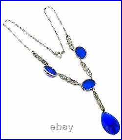 Art Deco cobalt blue Czech glass and enamel lavalier necklace with paper clip ch