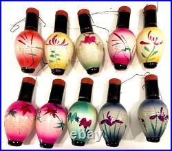 Asian Oriental Glass Ornament Lantern Light Bulb Hand Painted Lot Set of 10 VTG