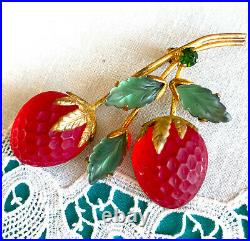 Austria Frosted Glass STRAWBERRY Pin Brooch Rhinestone Double Fruit Vintage NICE