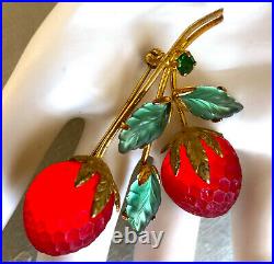Austria Frosted Glass STRAWBERRY Pin Brooch Rhinestone Double Fruit Vintage NICE