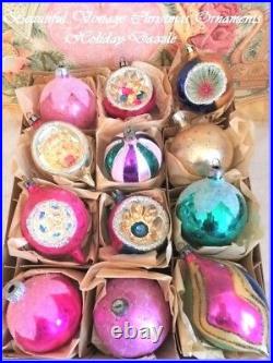 Beautiful Vintage Poland Antique Glass Xmas Ornaments Glittered Indents & Tips