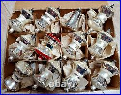 Box of 11 vintage Apple Core SILVER & 1 Bell Figural Christmas Ornament