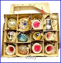 Box of 12 German & Poland Glass Christmas Ornaments Indent Round Mica
