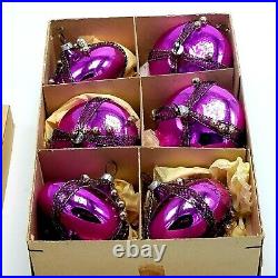Box of 6 Vtg Wire Wrapped Glass Lamp Shade Purple Christmas Ornaments