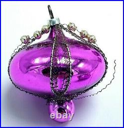 Box of 6 Vtg Wire Wrapped Glass Lamp Shade Purple Christmas Ornaments 1920's