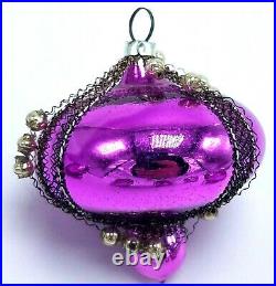 Box of 6 Vtg Wire Wrapped Glass Lamp Shade Purple Christmas Ornaments 1920's