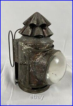 C. 1890 Antique Tin Christmas Tree Police Lantern Lamp Light, Bullseye Glass