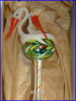 Czech vintage style blown glass Christmas tree topper with stork on chimney