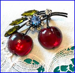 Excellent Signed Austria Poured Glass CHERRY Pin Rhinestone Double Fruit Vintage