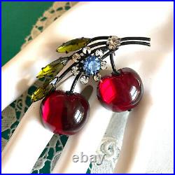 Excellent Signed Austria Poured Glass CHERRY Pin Rhinestone Double Fruit Vintage