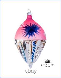 Extremely RARE Vtg Corning Pink &Blue withWhite Mica Teardrop Glass Ornament