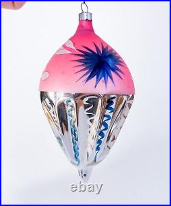 Extremely RARE Vtg Corning Pink &Blue withWhite Mica Teardrop Glass Ornament