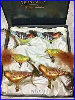 Frontgate Glass Bird Ornament Set Clip On Feathered Tails Vintage Style