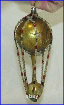 German Antique Gold Glass Wire Wrapped Hot Air Balloon Christmas Ornament 1900's