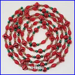 German Mercury Glass Bead Garland Red Green Gold 9ft-4 Strands Vtg Bright Red