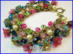 Glass Charm Bracelet Floral Crystal Peacock Blue on Vintage Miriam Haskell Chain
