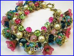 Glass Charm Bracelet Floral Crystal Peacock Blue on Vintage Miriam Haskell Chain