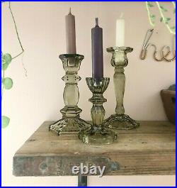 Green Cut Glass Candlestick French Vintage Style Dinner Table Candle Holder
