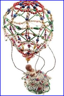 Handmade Christmas tree hot air balloon ornament Czech blown bugle glass beads