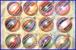Lot 12 VTG Mercury Glass Stripe Glitter BALL Christmas Ornaments Fantasia Poland