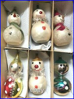 Lot (6) rare antique Czech blown glass snowman doll Christmas ornaments