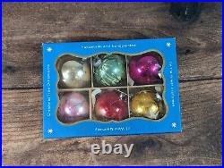 Lot of 6, Vintage Shiny Brite stencil/mica glass Christmas ornaments with Blue box