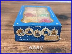 Lot of 6, Vintage Shiny Brite stencil/mica glass Christmas ornaments with Blue box
