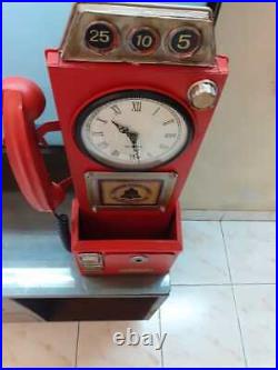 Metal Red Vintage Art Phone Booth Home Decor Table/Wall Mail Box Clock Keyholder
