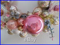 OOAK PINK & SILVER MERCURY GLASS CHRISTMAS ORNAMENT WREATH Vintage ANGELS BELL