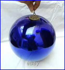 Original Vintage Old Antique Blue 9 Big Round Glass Christmas Kugel / Ornament