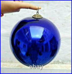 Original Vintage Old Antique Blue 9 Big Round Glass Christmas Kugel / Ornament