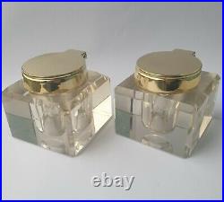 PAIR VINTAGE / ANTIQUE HEAVY BRASS / SOLID GLASS INKWELL INK BOTTLES Christmas