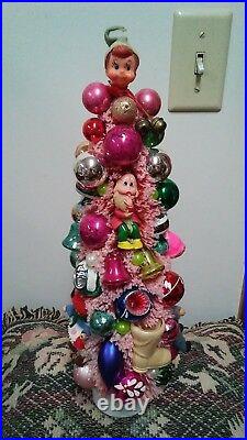 Pink Bottle Brush Christmas Tree With Vintage Mercury Glass Ornaments 14 Tall