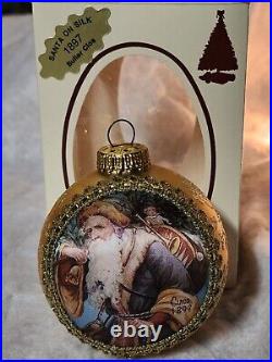 RARE Vintage Christmas By Krebs Santa on Silk set of 6 Glass Christmas Ornaments