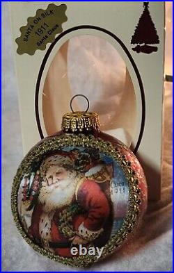 RARE Vintage Christmas By Krebs Santa on Silk set of 6 Glass Christmas Ornaments