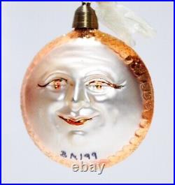 RARE Vintage Face Full Moon Glass Christmas Ornament Initialed R. M
