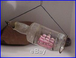 Rare ANTIQUE Glass Figural Ship in a Bottle CHRISTMAS ORNAMENT Vintage Etched #1