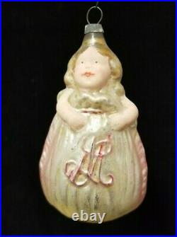 Rare Vintage 1910's Girl in Sack Monogrammed L M Flesh Face Glass Ornament