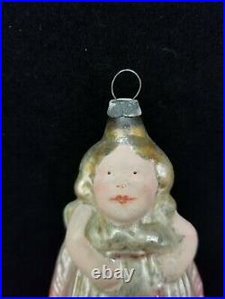 Rare Vintage 1910's Girl in Sack Monogrammed L M Flesh Face Glass Ornament